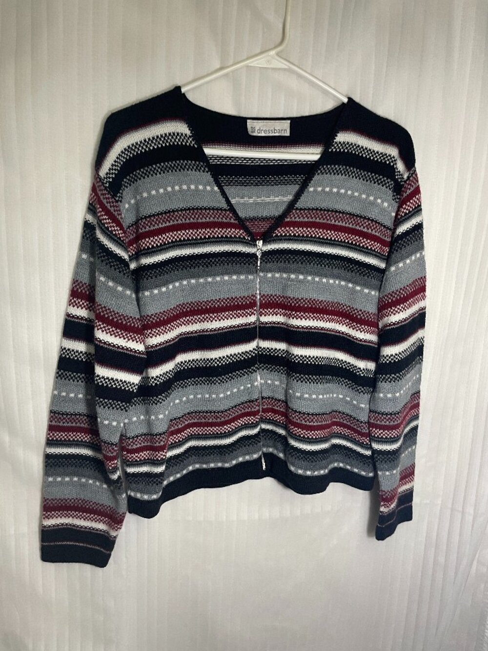Dressbarn Women’s Zip Front Fair Isle Stripe Knit Cardigan Sweater Gray Burgundy